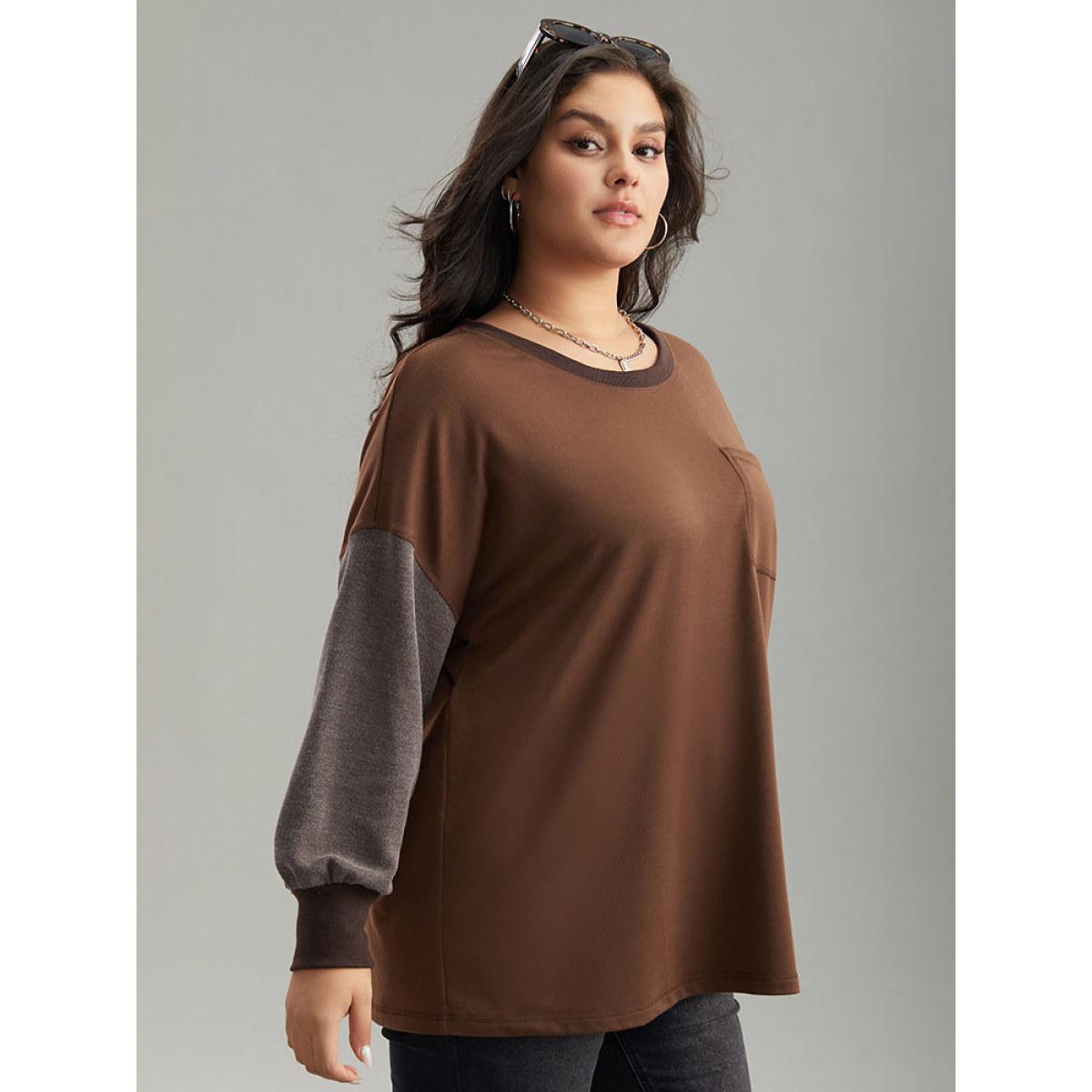Plus Size Two Tone Patched Pocket Drop Shoulder Sweatshirt Women DarkBrown Casual Elastic cuffs Round Neck Everyday Sweatshirts BloomChic 26/4X Product Image