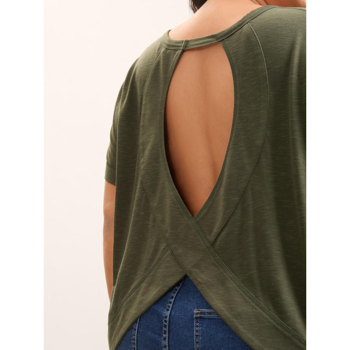 Plus Size Backless Plain Flowy T-Shirt ArmyGreen Women Overlapping Round Neck Everyday-Casual T-shirts BloomChic 12/L Product Image