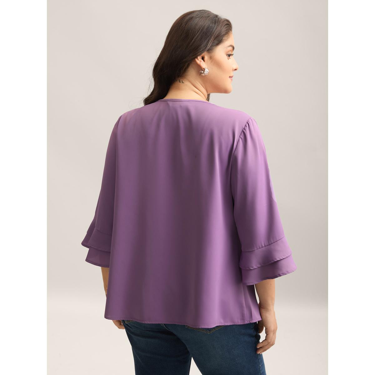 Plus Size Purple Solid Ribbon Tied Collar Bell Sleeve Blouse Women At the Office Elbow-length sleeve Ribbon-tied collar Office Blouses BloomChic 18-20/2X Product Image