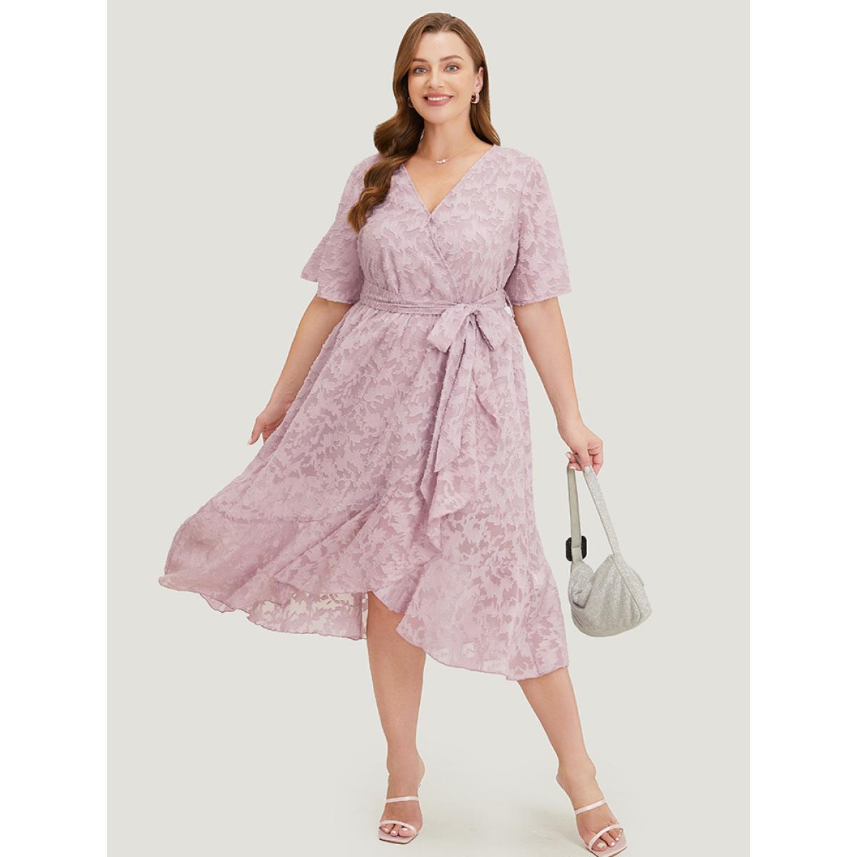 Plus Size Plain Floral Pocket Belted Mesh Ruffle Trim Wrap Midi Dress Lilac Women Glamour Lined V-neck Short sleeve Curvy Midi Dress BloomChic 30/6X Product Image