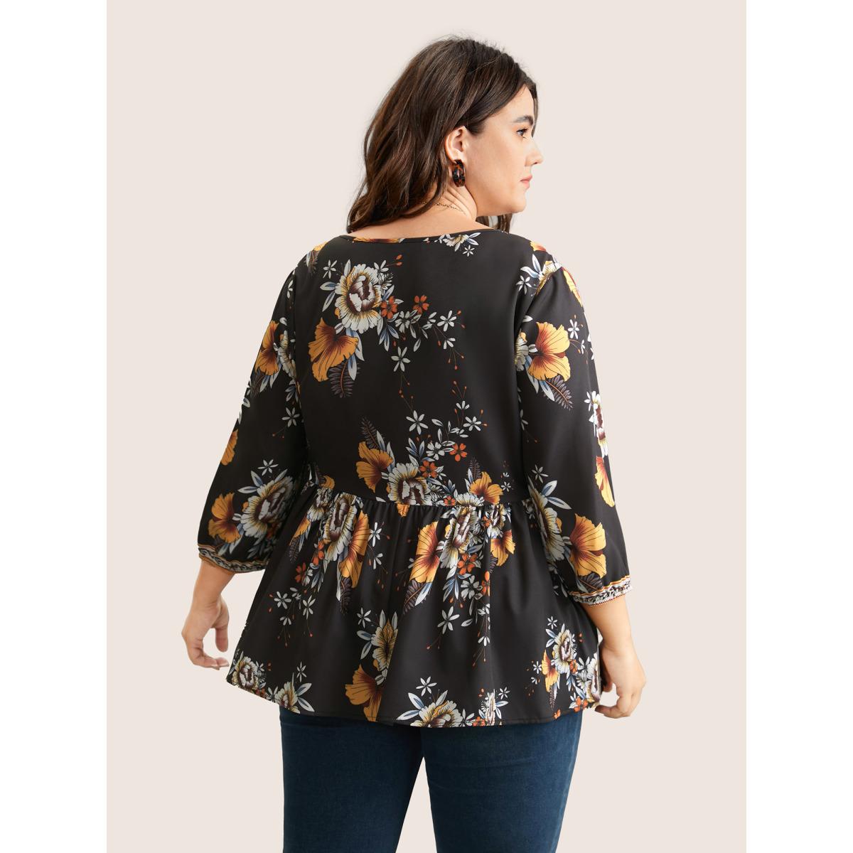 Plus Size Black Boho Print V Neck Button Detail Gathered Blouse Women Vacation Elbow-length sleeve V-neck Vacation Blouses BloomChic 30/6X Product Image