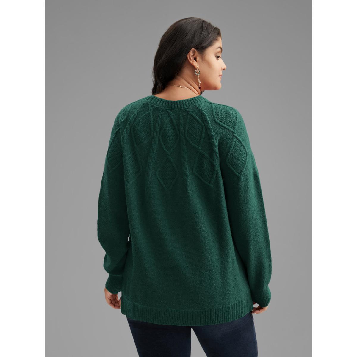 Plus Size Cable Knit Bodice Crew-Neck Pullover DarkGreen Women Leisure Loose Long Sleeve Round Neck Casual Pullovers BloomChic 26/4X Product Image