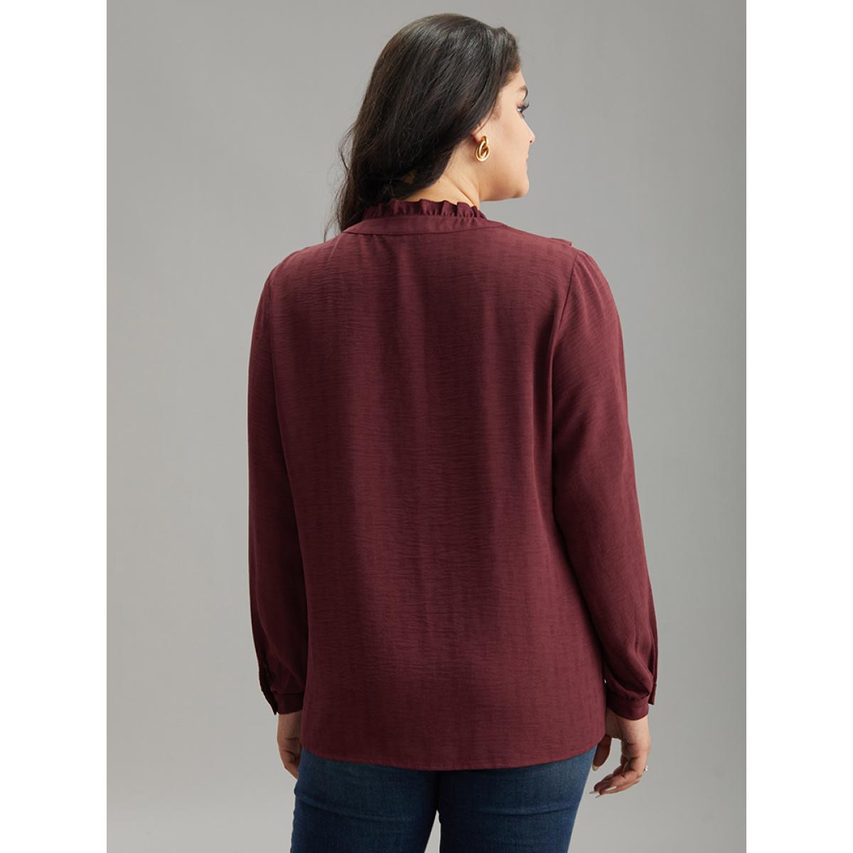 Plus Size Scarlet Stand Collar Solid Gathered Frill Trim Blouse Women Elegant Long Sleeve Stand-up collar Dailywear Blouses BloomChic 10/M Product Image