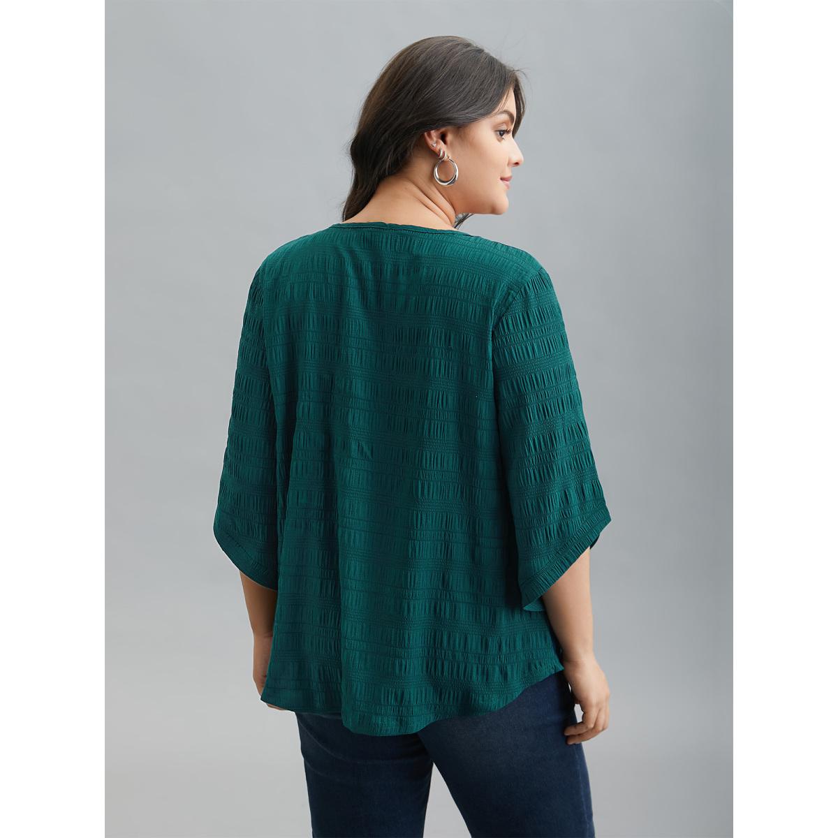 Plus Size Cyan Solid Textured Curved Hem Gathered Blouse Women Elegant Elbow-length sleeve Round Neck Everyday Blouses BloomChic 26/4X Product Image