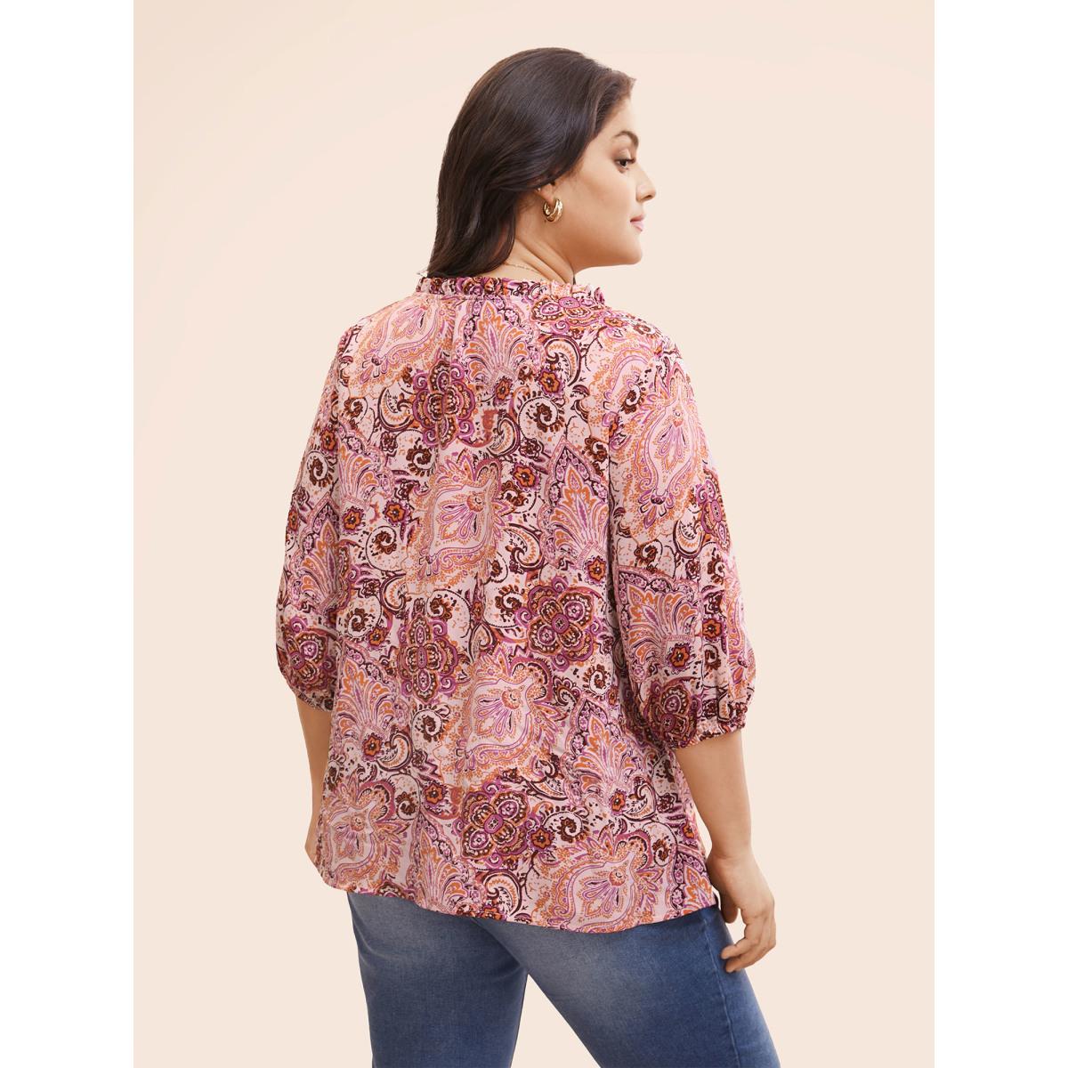 Plus Size Blush Bandana Frill Trim Tie Knot Blouse Women Elegant Elbow-length sleeve Notched collar Everyday Blouses BloomChic 18-20/2X Product Image