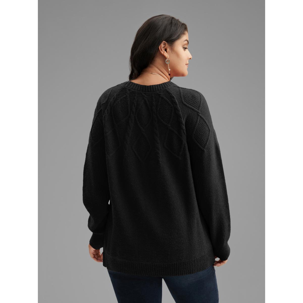 Plus Size Cable Knit Bodice Crew-Neck Pullover Black Women Leisure Loose Long Sleeve Round Neck Casual Pullovers BloomChic 28/5X Product Image