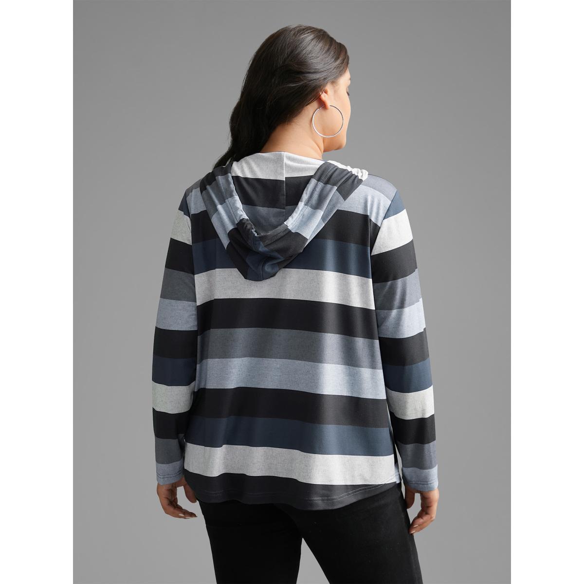 Plus Size Contrast Striped Hooded Drawstring T-shirt Black Women Casual Drawstring Hooded Everyday T-shirts BloomChic 18-20/2X Product Image
