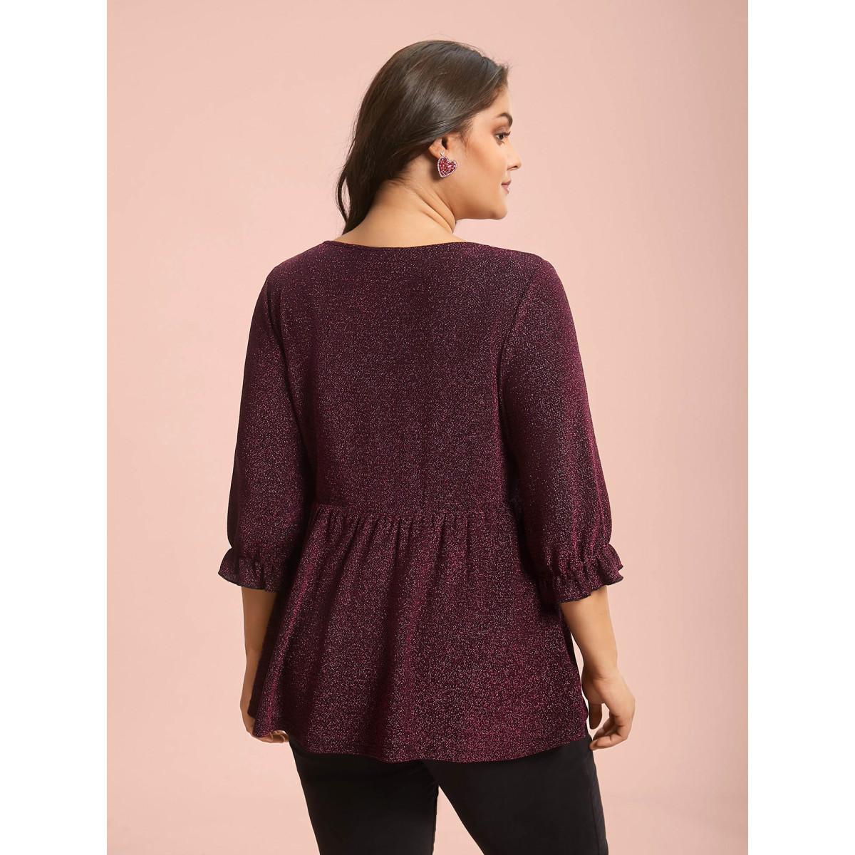 Plus Size Eggplant Crew Neck Luxe Ruffle Gathered Blouse Women Elegant Elbow-length sleeve Round Neck Everyday Blouses BloomChic 12/L Product Image