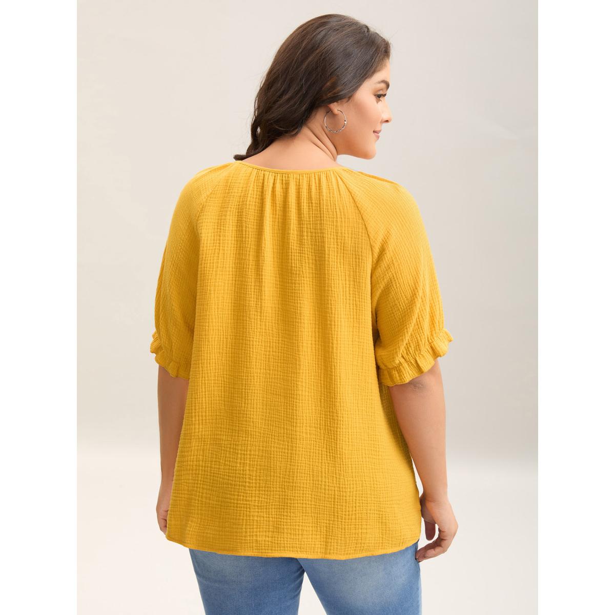 Plus Size Turmeric Pure Cotton Lace Placket Tied Blouse Women Short sleeve Round Neck Casual Blouses BloomChic 28/5X Product Image
