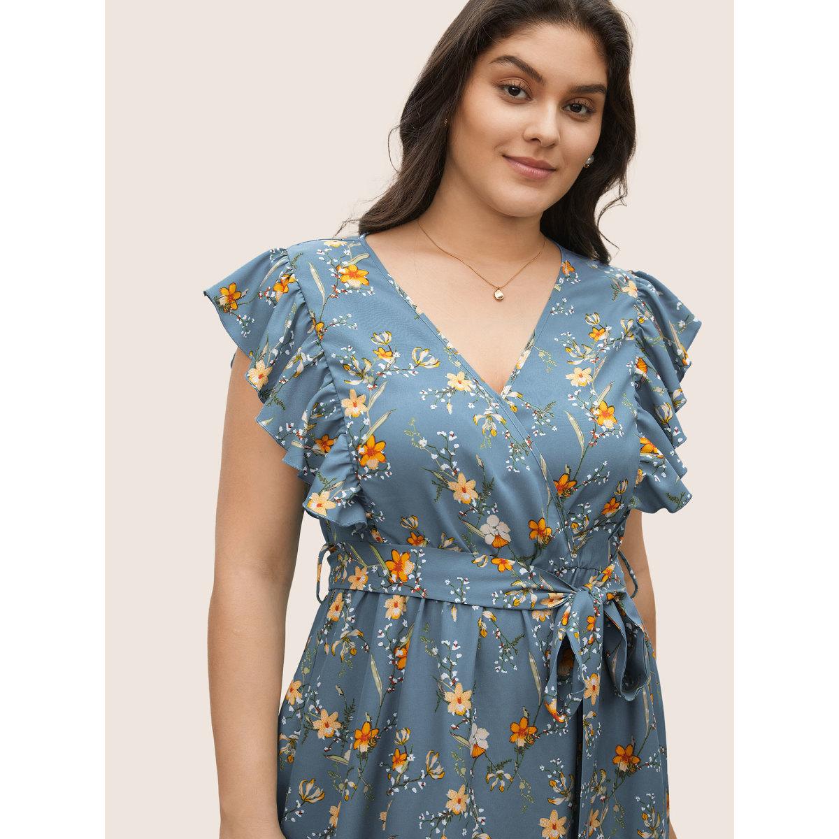 Plus Size Ditsy Floral Flutter Trim Pocket Layered Hem Dress Stone Women Elegant Non Overlap Collar Cap Sleeve Curvy Midi Dress BloomChic 18-20/2X Product Image