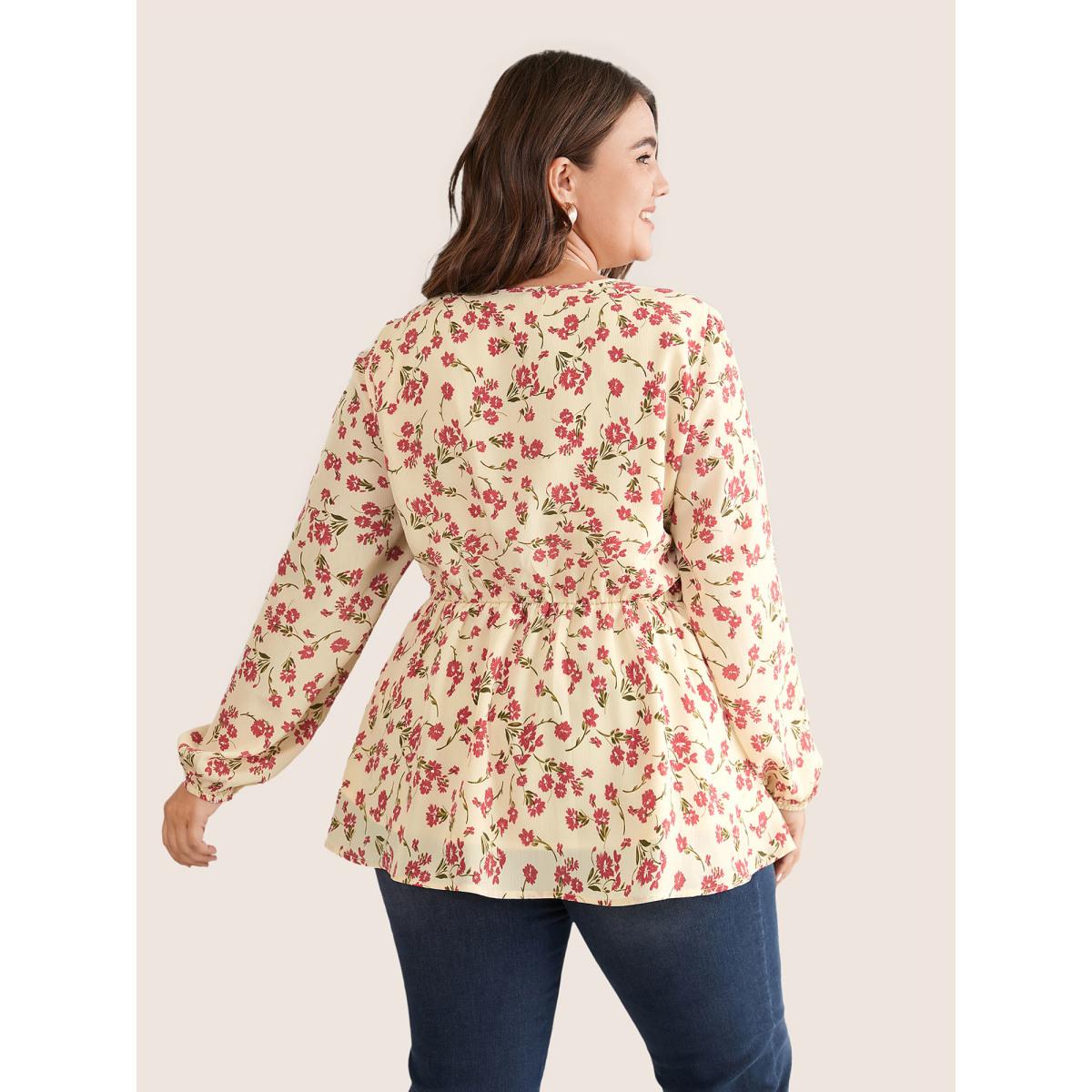 Plus Size Beige Ditsy Floral Elastic Waist Ties Ruffles Blouse Women Elegant Long Sleeve V-neck Office Blouses BloomChic 14-16/1X Product Image