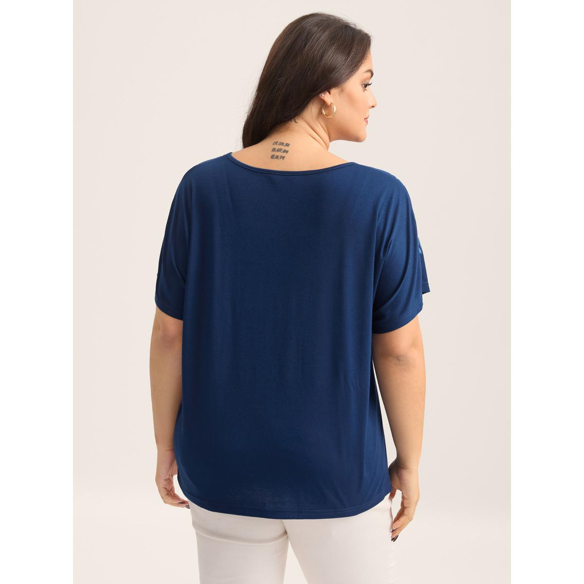 Plus Size V Neck Floral Print Stretchy T-Shirt Navy Women Non V-neck Everyday-Elegant T-shirts BloomChic 12/L Product Image