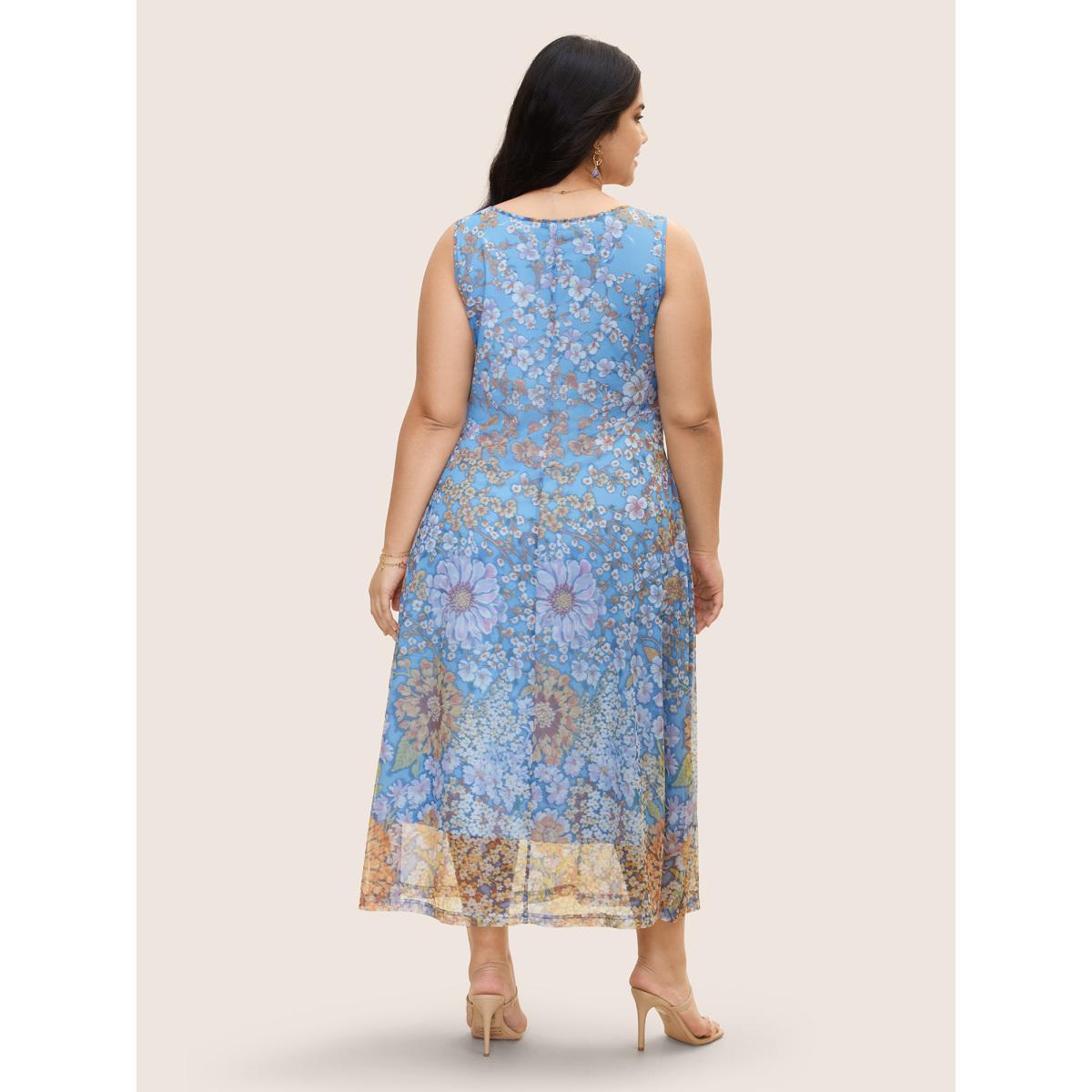 Plus Size Square Neck Floral Mesh Tank Dress Multicolor Women Elegant Gathered Square Neck Sleeveless Curvy BloomChic 10/M Product Image