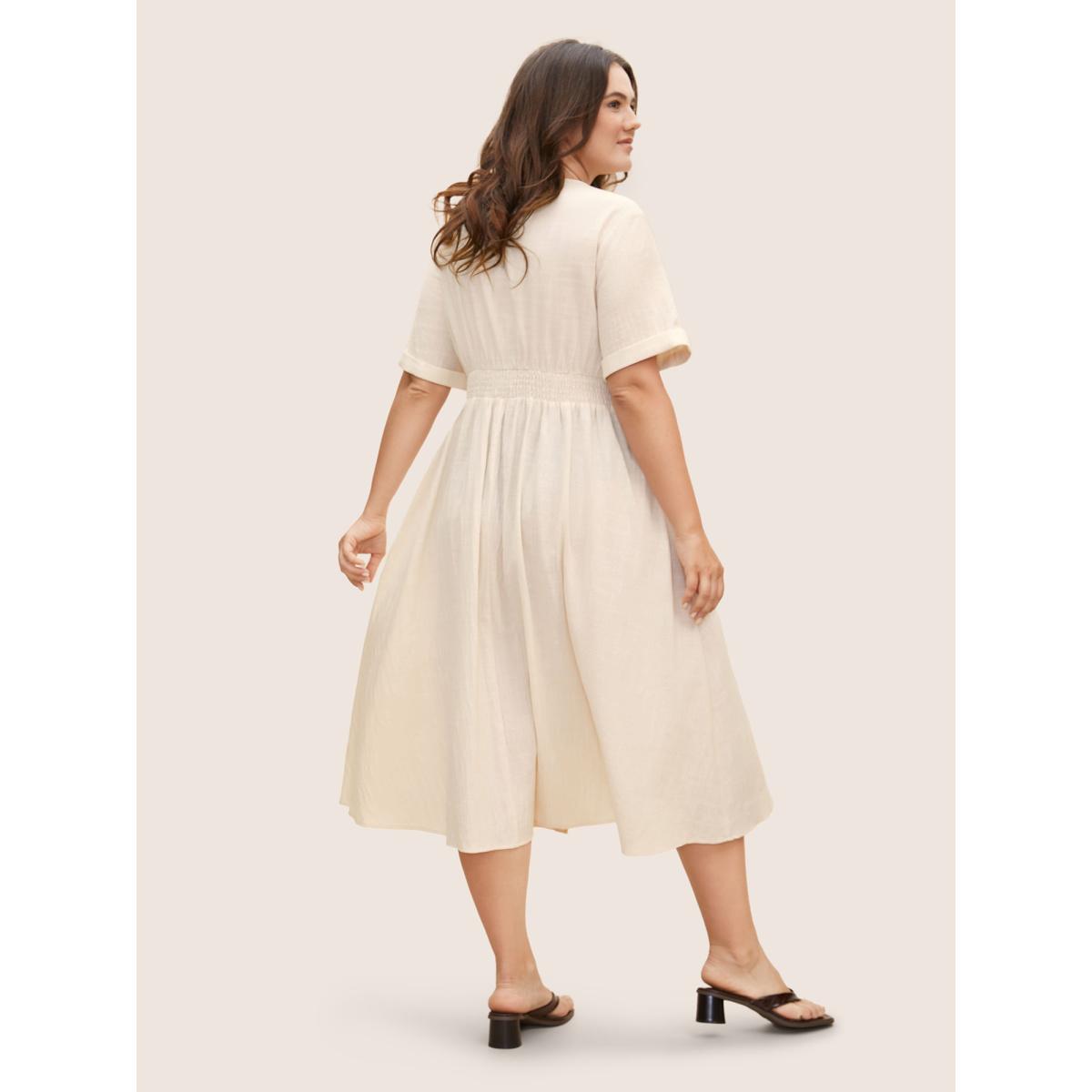 Plus Size Cotton Linen Cuffed Sleeve Tie Knot Midi Dress Champagne Women Casual Tie knot Overlap Collar Short sleeve Curvy BloomChic 28/5X Product Image