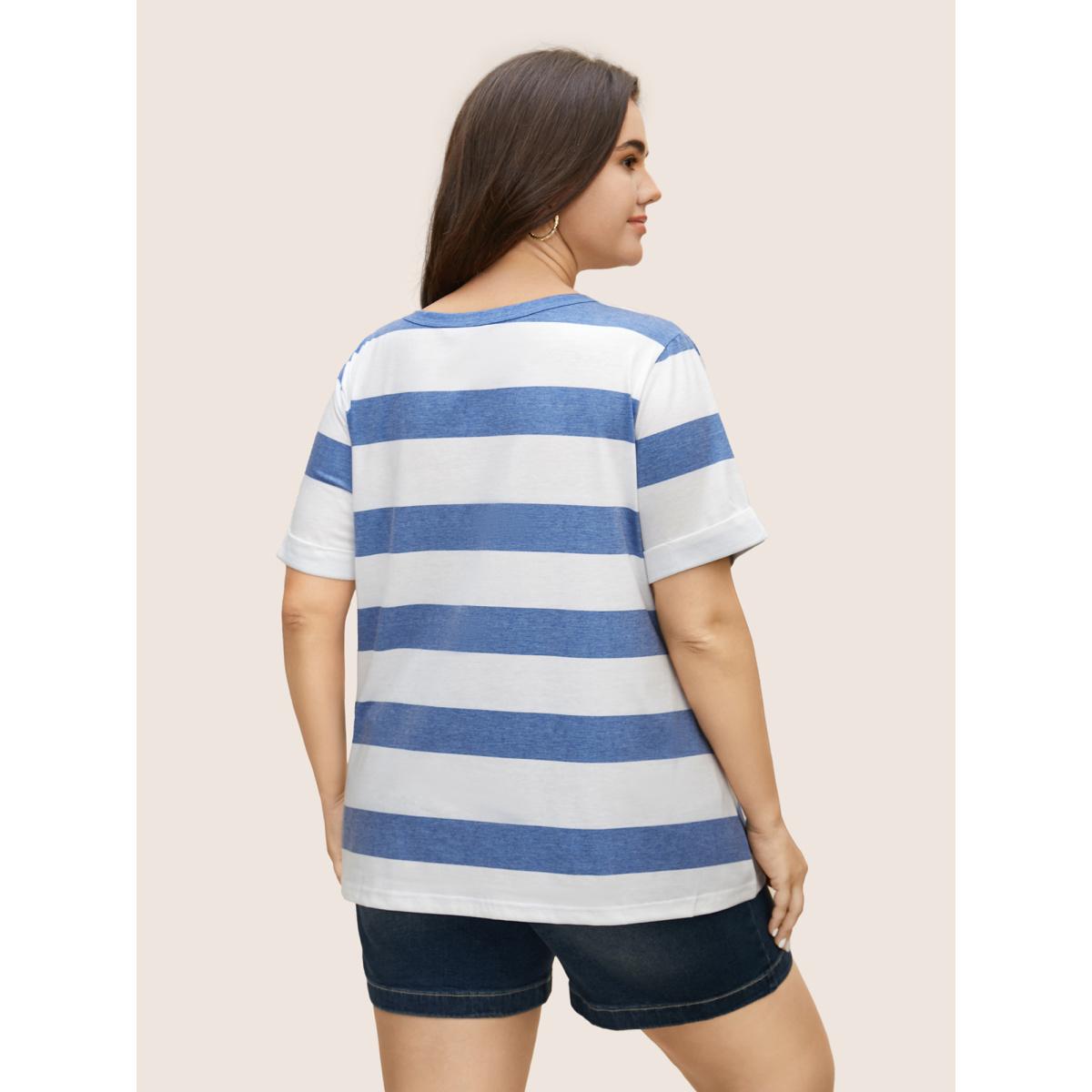 Plus Size V Neck Striped Patched Pocket T-shirt Mediumblue Women Casual Non Striped V-neck Everyday T-shirts BloomChic 18-20/2X Product Image