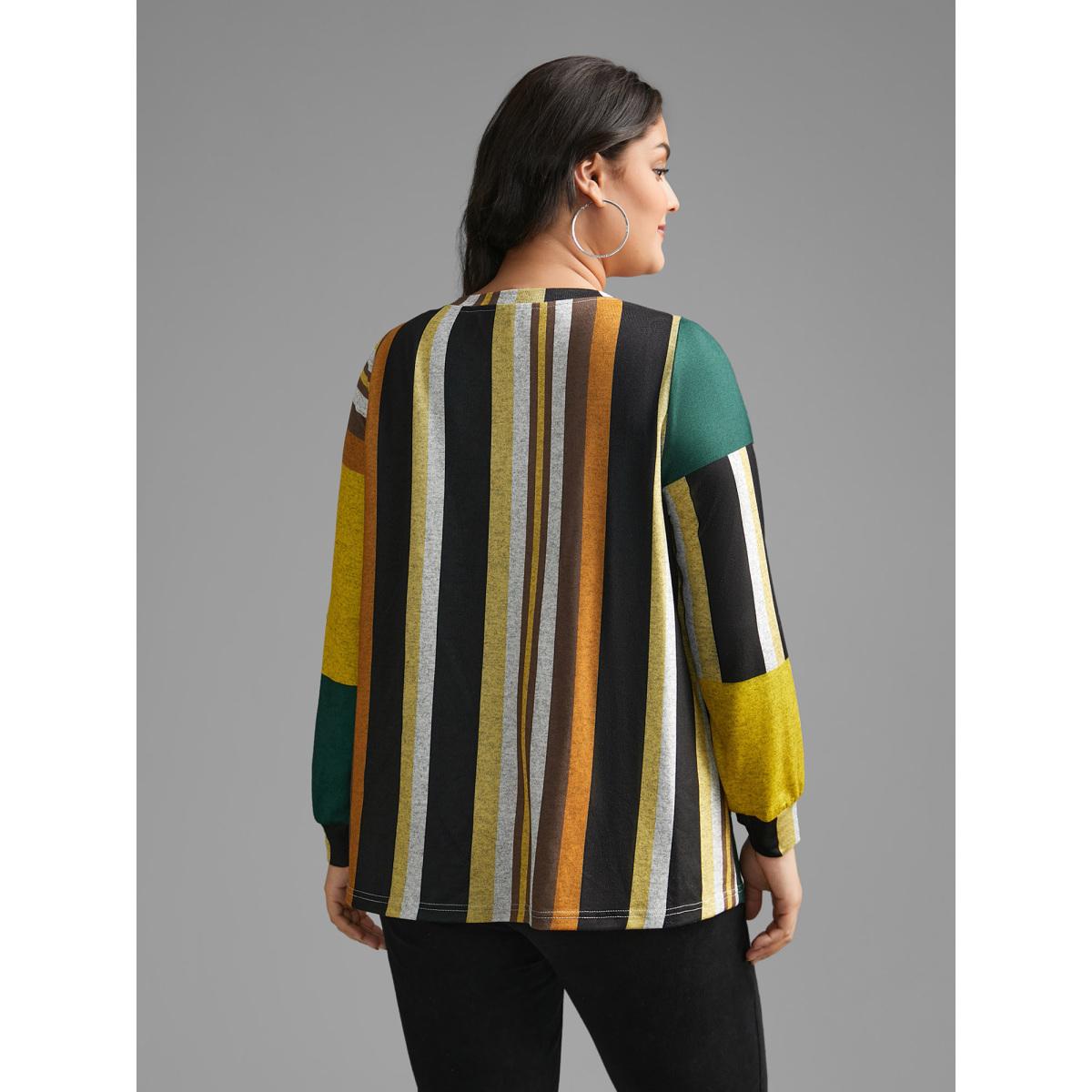 Plus Size Colored Striped Crew Neck T-shirt Multicolor Women Casual Contrast Round Neck Loose Everyday T-shirts BloomChic 28/5X Product Image