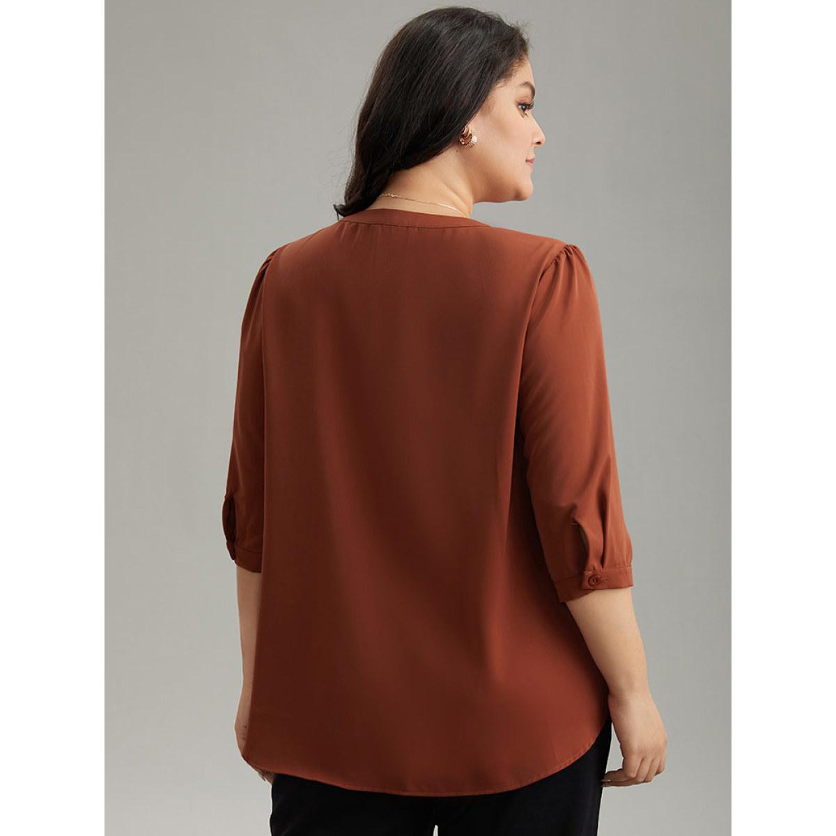 Plus Size Rust Plain Half Zip Gathered Blouse Women Work From Home Elbow-length sleeve V-neck Office Blouses BloomChic 14-16/1X Product Image