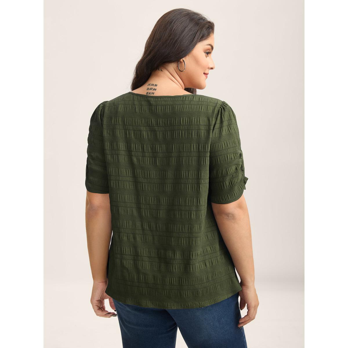 Plus Size ArmyGreen Textured Gathered Sleeve Split Neck Blouse Women Office Short sleeve Asymmetrical Neck Office Blouses BloomChic 10/M Product Image