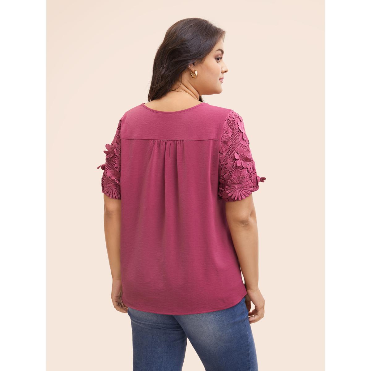 Plus Size RedViolet V Neck Lace Panel Slit Hem Blouse Women Elegant Long Sleeve V-neck Everyday Blouses BloomChic 12/L Product Image