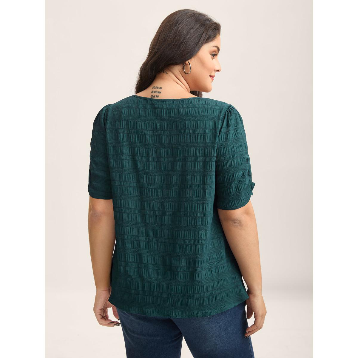 Plus Size DarkGreen Textured Gathered Sleeve Split Neck Blouse Women Office Short sleeve Asymmetrical Neck Office Blouses BloomChic 26/4X Product Image