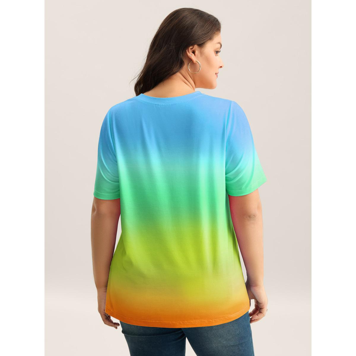 Plus Size Ombre Gradient Crew Neck Curvy T-Shirt Cerulean Women Playful Non Round Neck Casual T-shirts BloomChic 28/5X Product Image