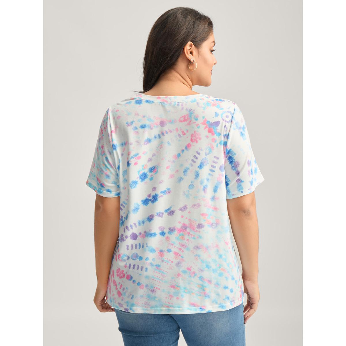 Plus Size Tie-Dye Ombre Round Neck T-Shirt Multicolor Women Playful Contrast Round Neck Casual T-shirts BloomChic 28/5X Product Image