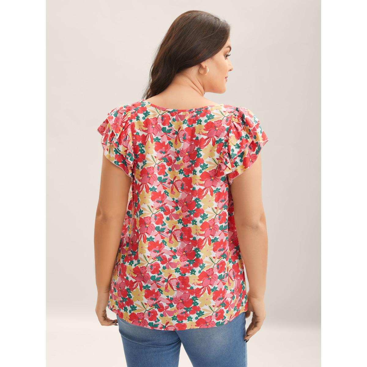 Plus Size Crimson Ruffled Bright Floral Print Blouse Women Cap Sleeve V-neck Elegant Blouses BloomChic 14-16/1X Product Image