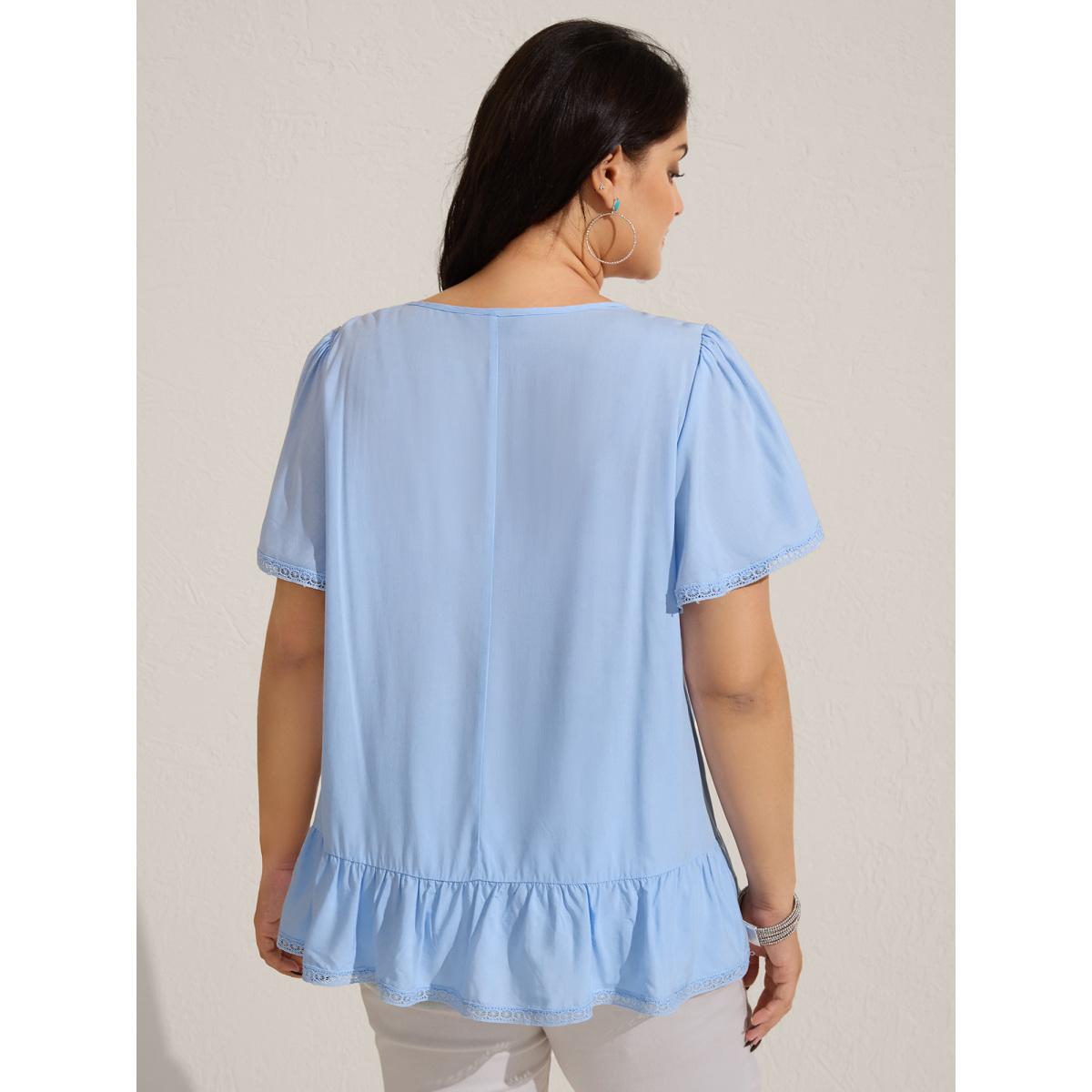 Plus Size LightBlue Rayon Lace Trim Spliced Blouse Women Short sleeve V-neck Vacation Blouses BloomChic 12/L Product Image