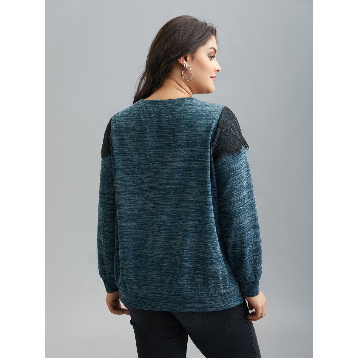 Plus Size Lace Patchwork Color Contrast Sweatshirt Women Cyan Casual Woven ribbon&lace trim Round Neck Everyday Sweatshirts BloomChic 10/M Product Image