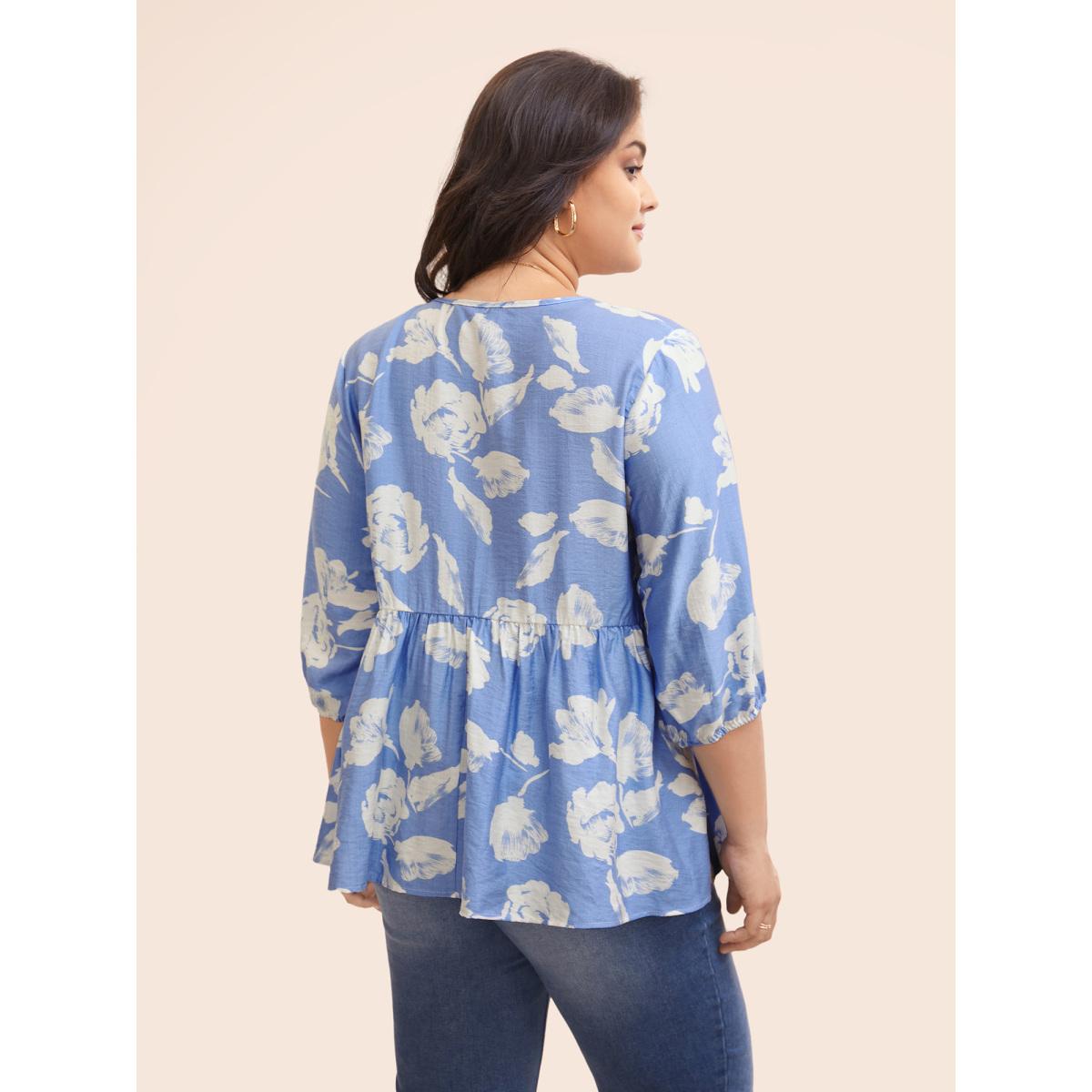 Plus Size LightBlue Floral Pleated Tassel Trim Lantern Sleeve Blouse Women Elegant Elbow-length sleeve V-neck Everyday Blouses BloomChic 18-20/2X Product Image