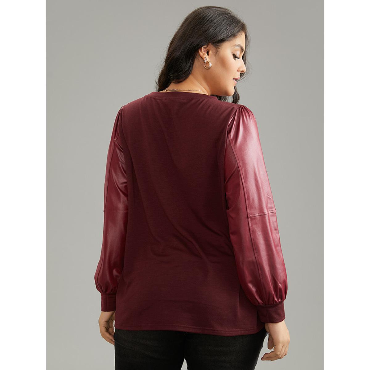 Plus Size PU Leather Patchwork Crew Neck Sweatshirt Women Scarlet Elegant Plain Round Neck Dailywear Sweatshirts BloomChic 30/6X Product Image