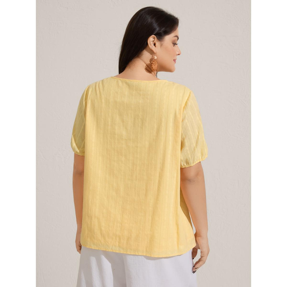 Plus Size Lightyellow Cotton Textured Lace Trim Neck-Tie Blouse Women Boho Short sleeve V-neck Vacation Blouses BloomChic 10/M Product Image