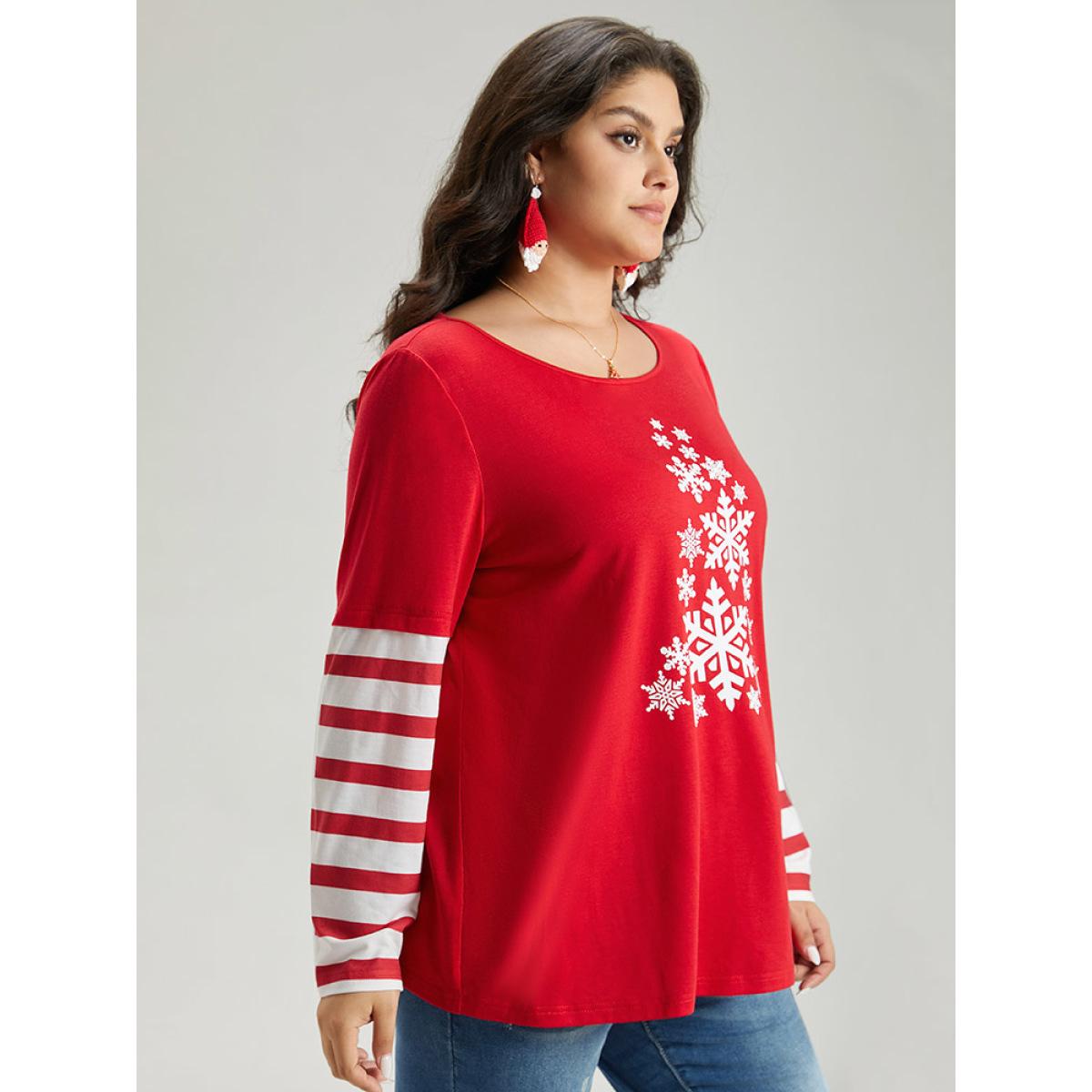 Plus Size Snowflake Striped Patchwork T-shirt Red Women Casual Contrast Christmas Round Neck Festival-Christmas T-shirts BloomChic 28/5X Product Image