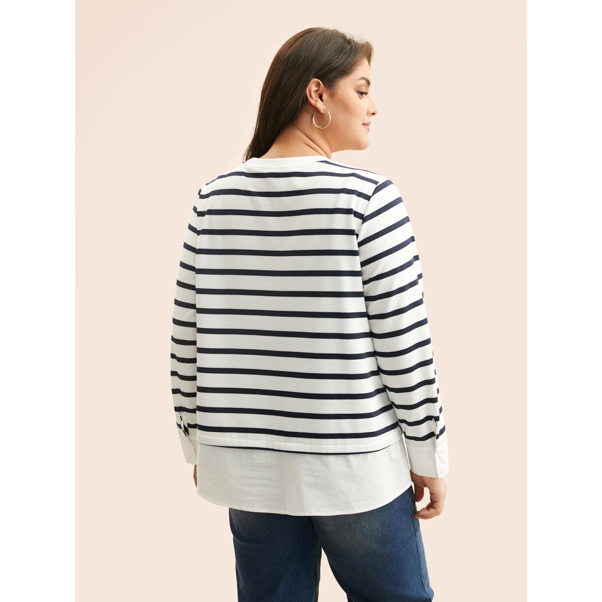 Plus Size 2-In-1 Striped Patchwork Button Detail Sweatshirt Women Navy Casual Contrast Round Neck Everyday Sweatshirts BloomChic 18-20/2X Product Image