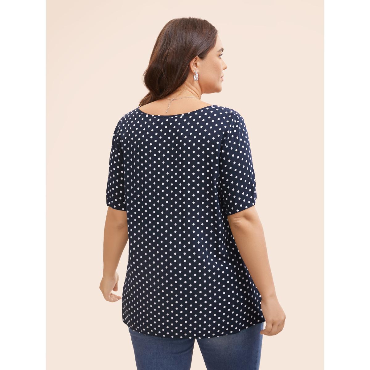 Plus Size Indigo Polka Dot Split Hem Pleated Blouse Women Elegant Cap Sleeve Round Neck Everyday Blouses BloomChic 12/L Product Image