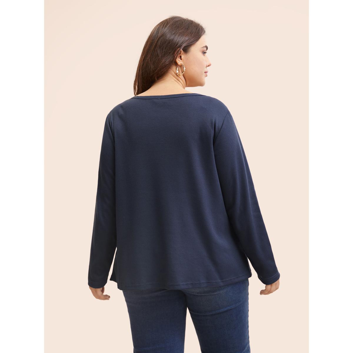 Plus Size Bandana Embroidered Button Up T-shirt Indigo Women Casual Embroidered Art&design Round Neck Everyday T-shirts BloomChic 12/L Product Image