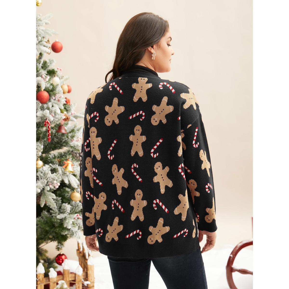 Plus Size Gingerbread & Candycane Shimmering Threads Cardigan Black Women Casual Loose Long Sleeve Everyday Cardigans BloomChic 12/L Product Image