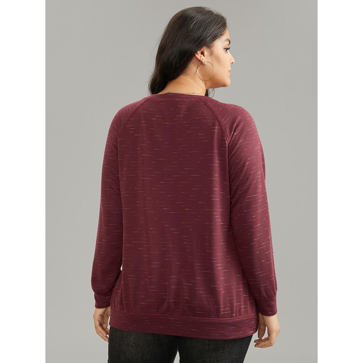 Plus Size Plain Stitch Raglan Sleeve Round Neck Sweatshirt Women Burgundy Casual Plain Round Neck Everyday Sweatshirts BloomChic 30/6X Product Image