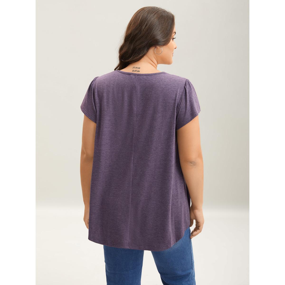 Plus Size Pleated Shoulder Button Plain Relaxed T-Shirt Mauve Women Leisure Gathered Heart neckline Loose Casual T-shirts BloomChic 10/M Product Image