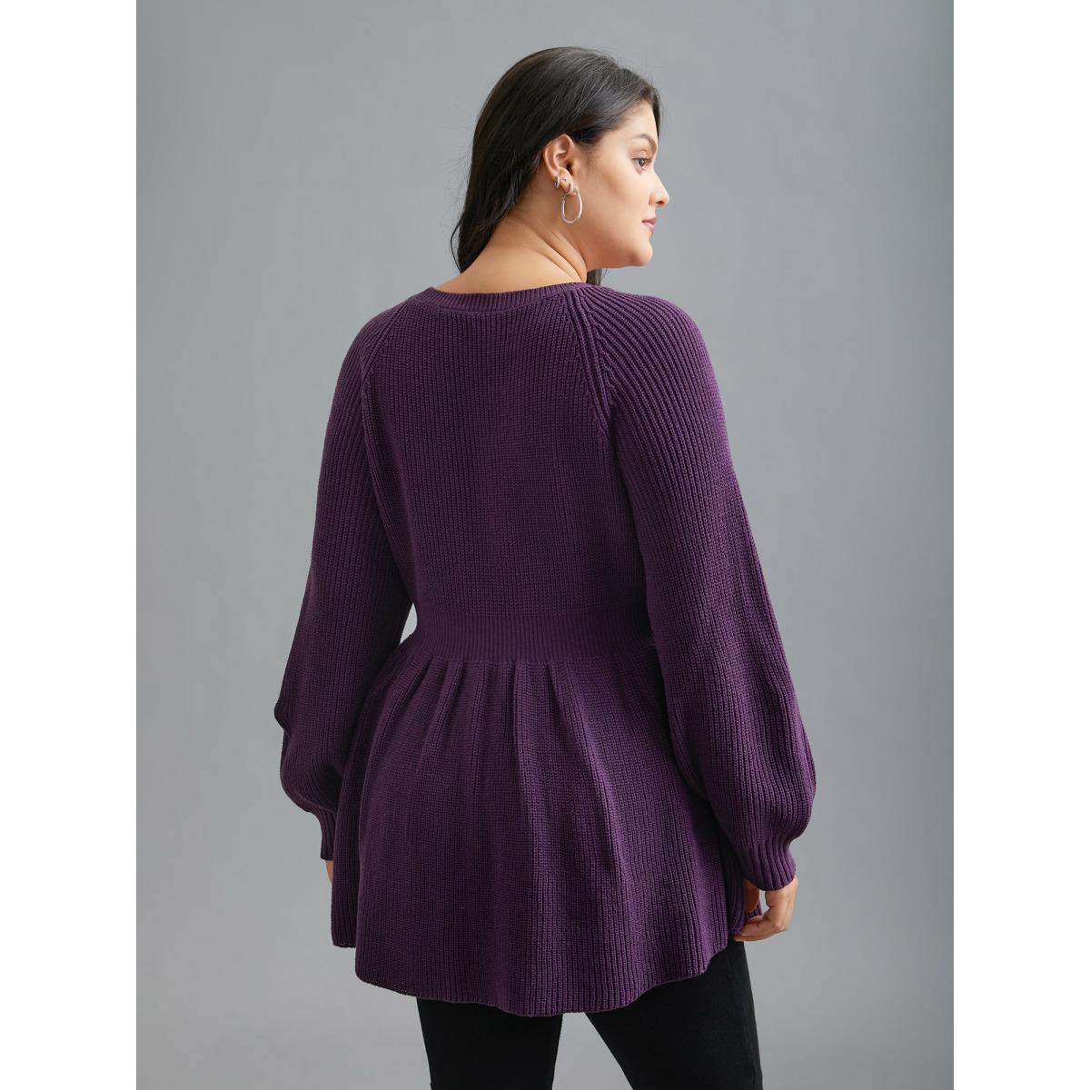 Plus Size Plain Textured Keyhole Raglan Sleeve Pullover Deeppurple Women Timeless Bodycon Long Sleeve Round Neck Elegant Pullovers BloomChic 30/6X Product Image
