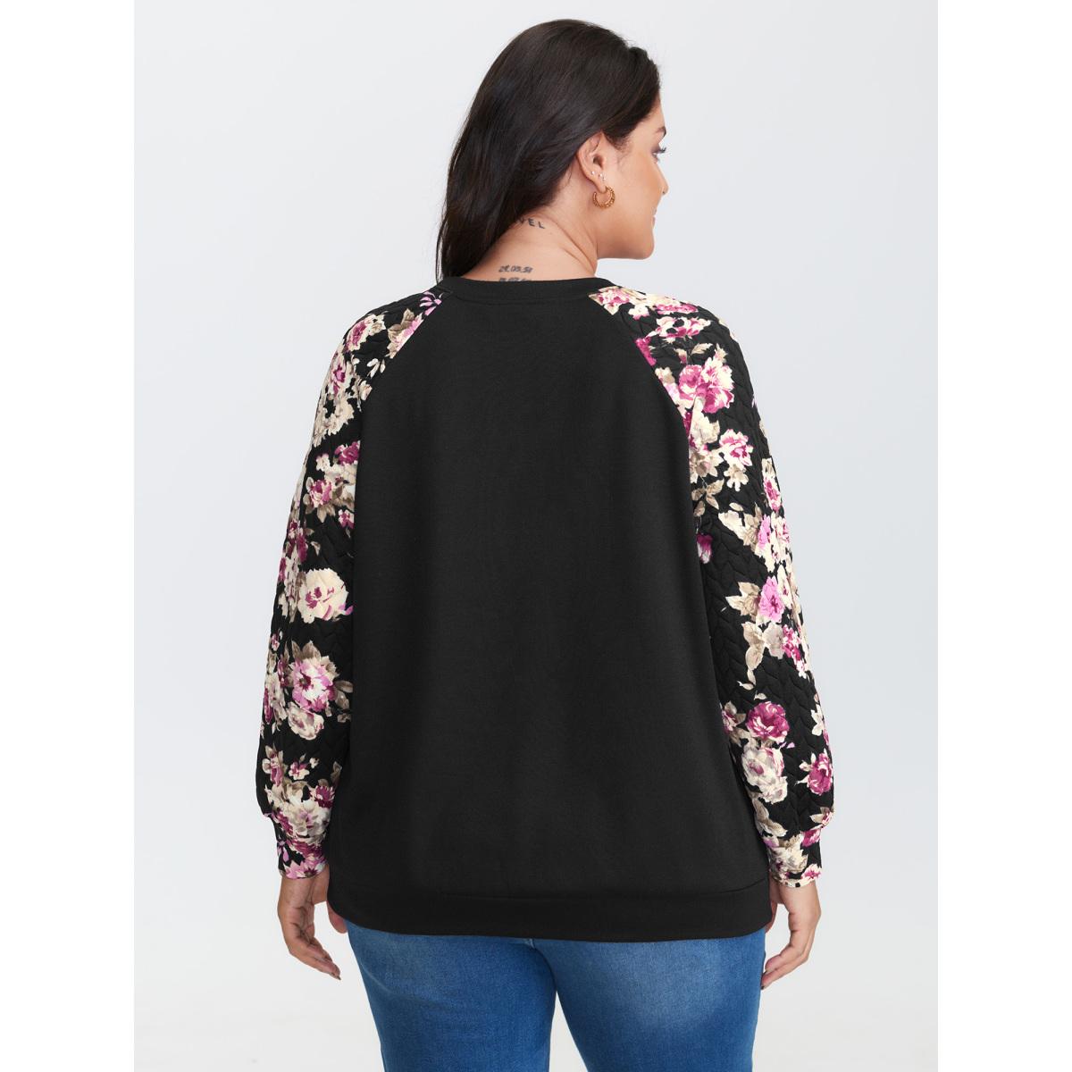 Plus Size Floral Print Raglan Sleeve Sweatshirt Women Black Leisure Contrast Round Neck Casual Sweatshirts BloomChic 26/4X Product Image
