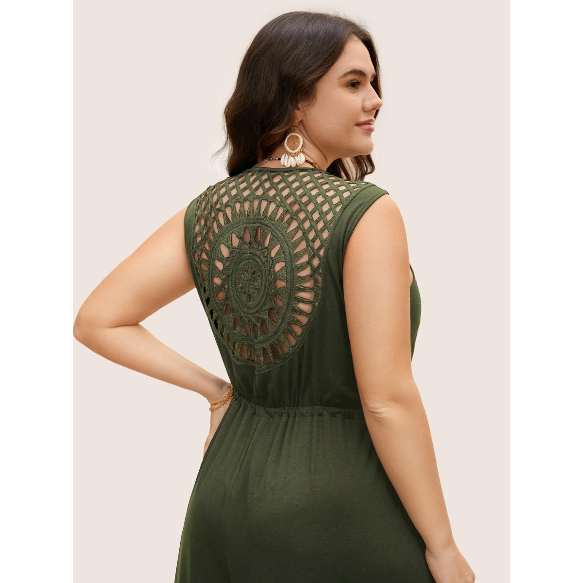 Plus Size DimGray V Neck Crocheted Cut Out Jumpsuit Women Boho Sleeveless V-neck Vacation Loose Jumpsuits BloomChic 10/M Product Image