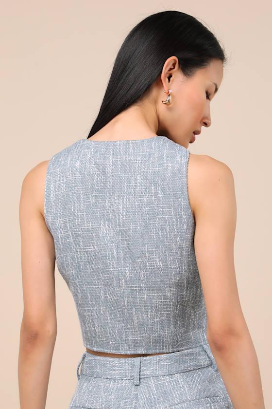 Alfonsa Light Blue Tweed Button-Front Vest Top Product Image