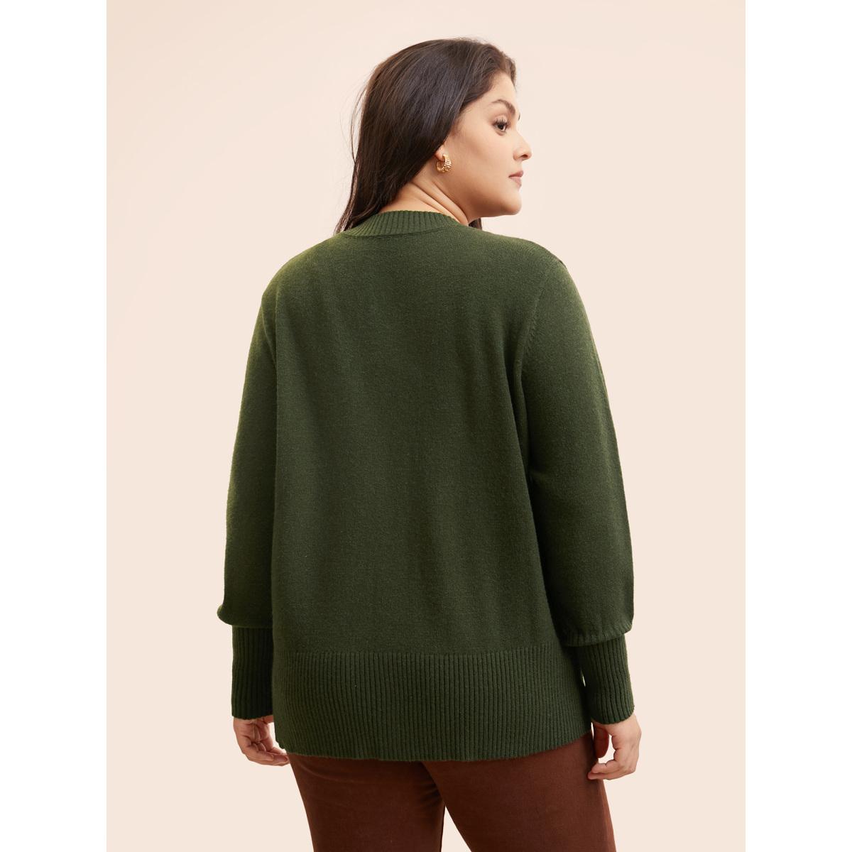 Plus Size Plain Round Neck Button Through Cardigan DarkGreen Women Casual Long Sleeve Everyday Cardigans BloomChic 30/6X Product Image
