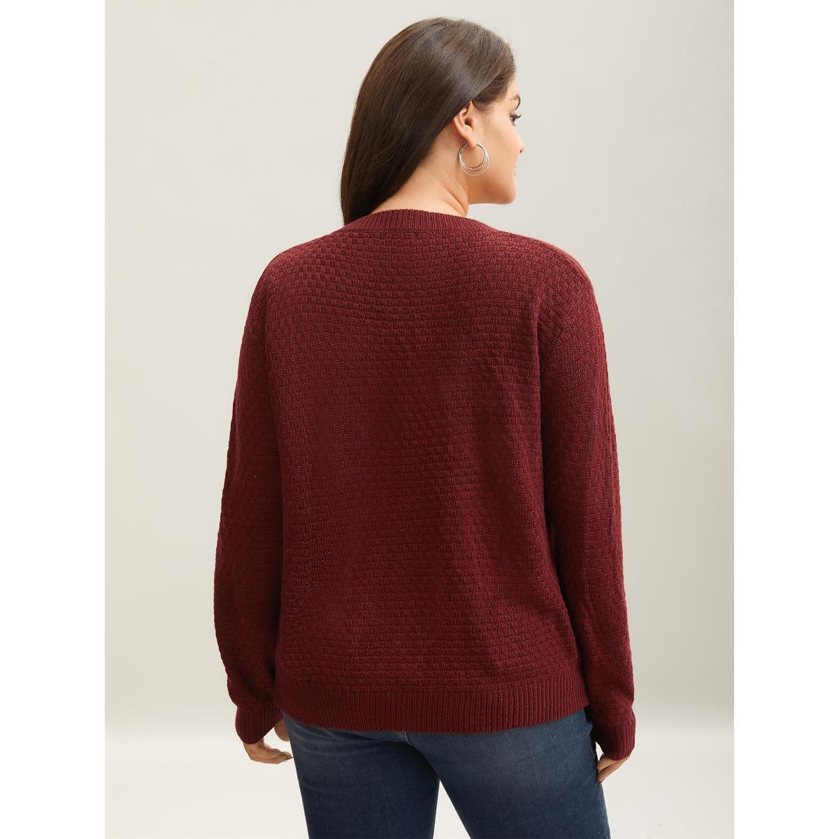 Plus Size Solid Pointelle Knit V Neck Loose Knit Top Chocolate Women Leisure Loose Long Sleeve V-neck Casual Pullovers BloomChic 18-20/2X Product Image