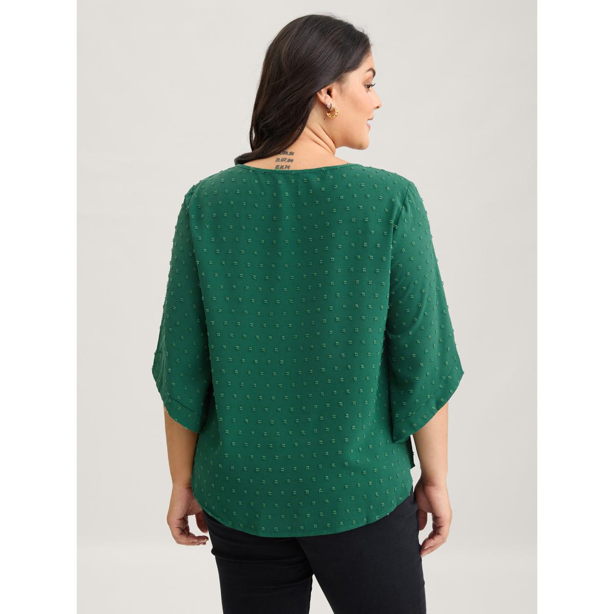 Plus Size Black Textured Round Neck Bell Sleeve Blouse Women Timeless Elbow-length sleeve Round Neck Elegant Blouses BloomChic 12/L Product Image