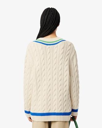 V Neck Cable Knit Cotton Tennis Sweater Product Image