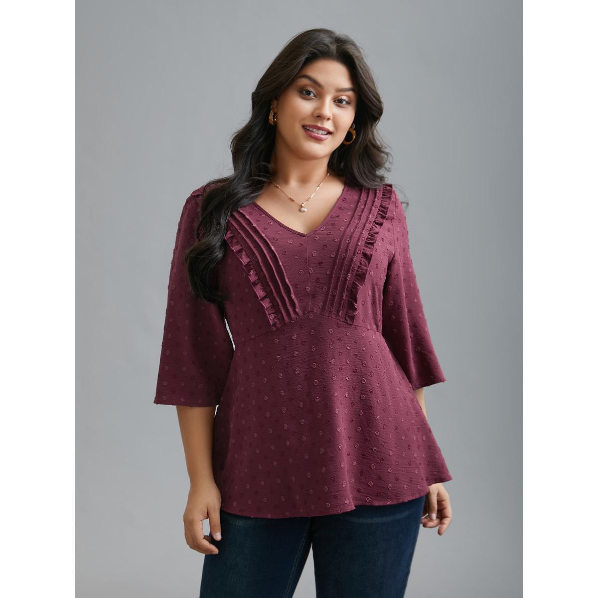 Plus Size Plum Ruffled Pleated Stretchy Waist Flowy Blouse Women Elegant Elbow-length sleeve V-neck Everyday Blouses BloomChic 14-16/1X Product Image