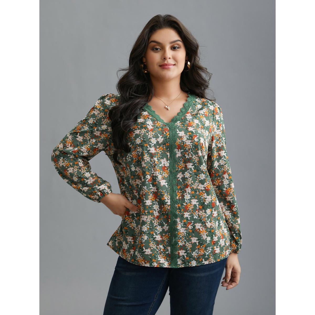Plus Size Sage Floral Lace Panel Lantern Sleeve Blouse Women Elegant Long Sleeve V-neck Everyday Blouses BloomChic 10/M Product Image