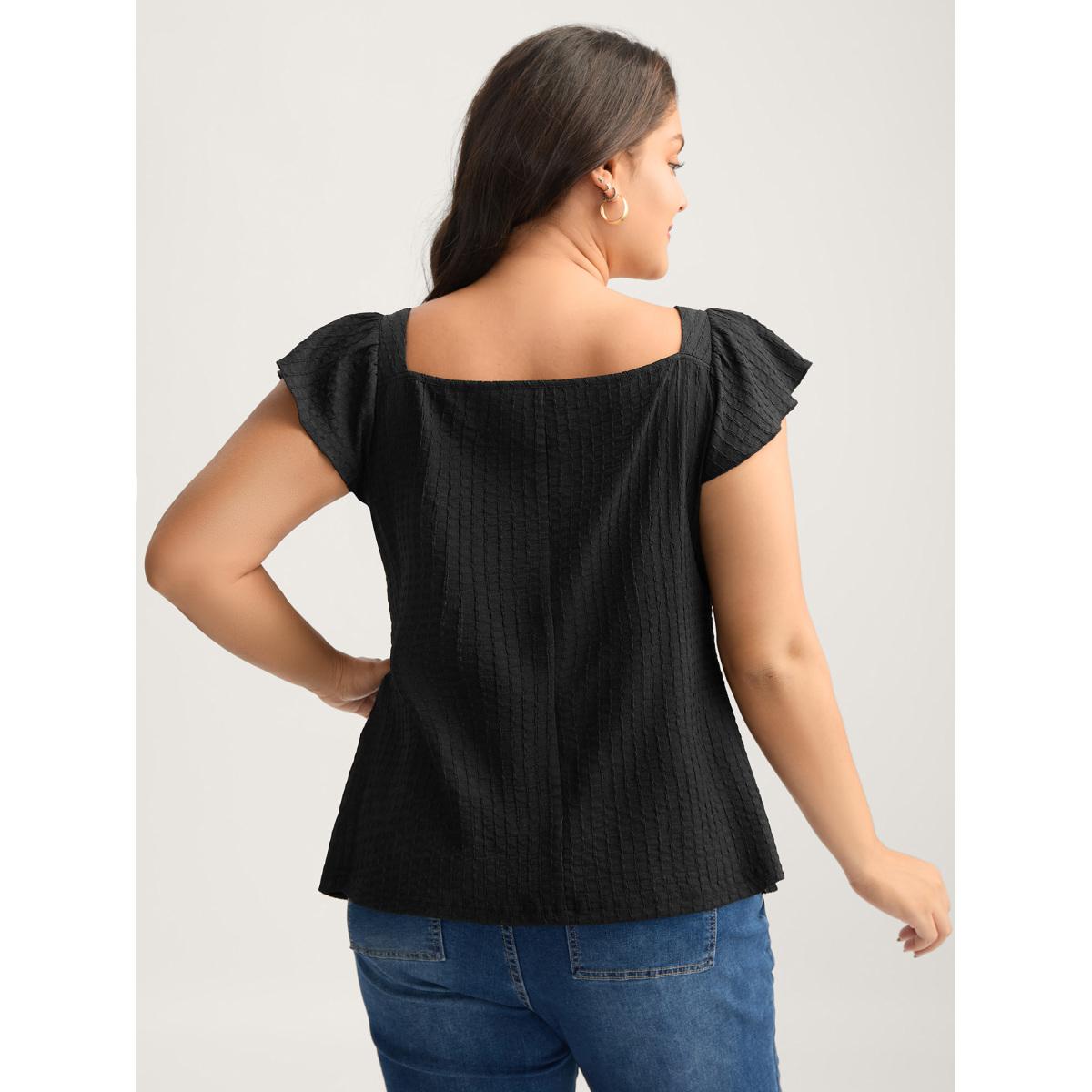 Plus Size Black Textured Shape Button Flutter Sleeve Blouse Women Office Cap Sleeve Square Neck Office Blouses BloomChic 10/M Product Image